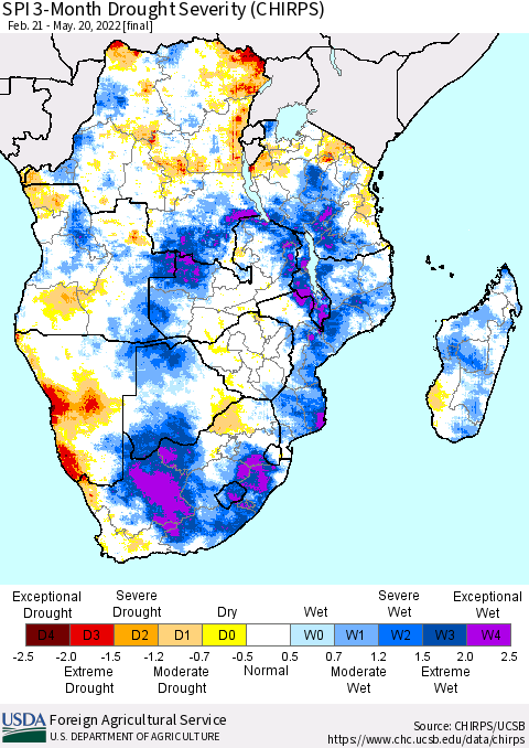 Southern Africa SPI 3-Month Drought Severity (CHIRPS) Thematic Map For 2/21/2022 - 5/20/2022
