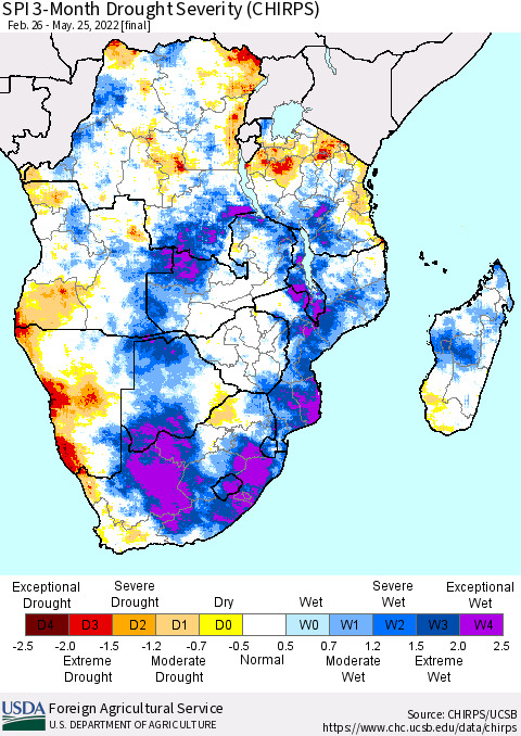 Southern Africa SPI 3-Month Drought Severity (CHIRPS) Thematic Map For 2/26/2022 - 5/25/2022