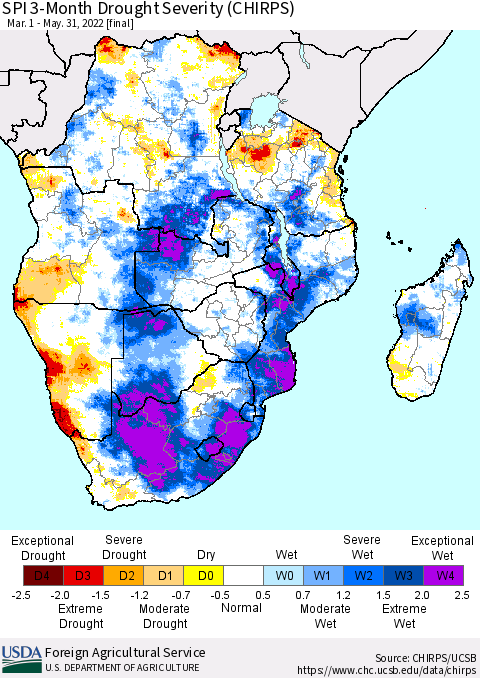 Southern Africa SPI 3-Month Drought Severity (CHIRPS) Thematic Map For 3/1/2022 - 5/31/2022