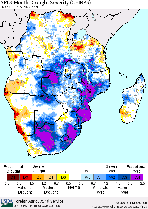 Southern Africa SPI 3-Month Drought Severity (CHIRPS) Thematic Map For 3/6/2022 - 6/5/2022