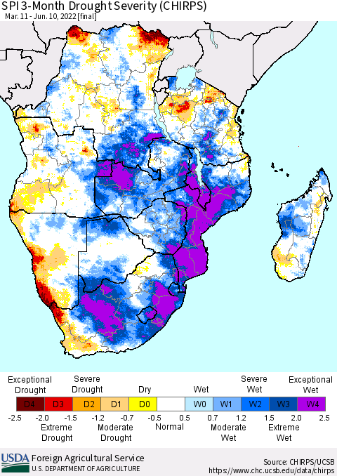 Southern Africa SPI 3-Month Drought Severity (CHIRPS) Thematic Map For 3/11/2022 - 6/10/2022