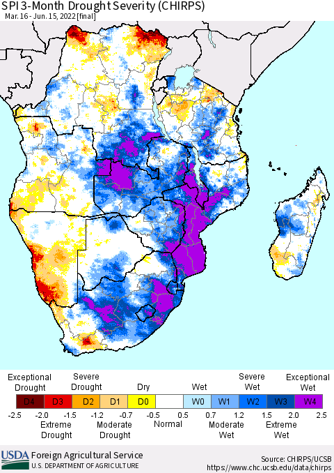 Southern Africa SPI 3-Month Drought Severity (CHIRPS) Thematic Map For 3/16/2022 - 6/15/2022