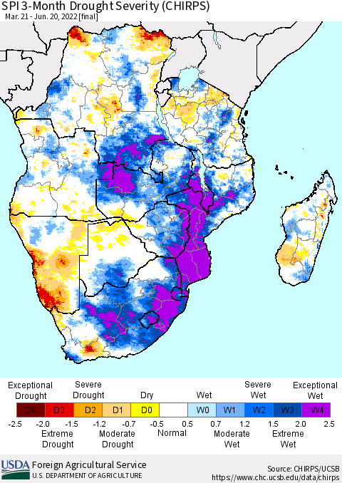 Southern Africa SPI 3-Month Drought Severity (CHIRPS) Thematic Map For 3/21/2022 - 6/20/2022