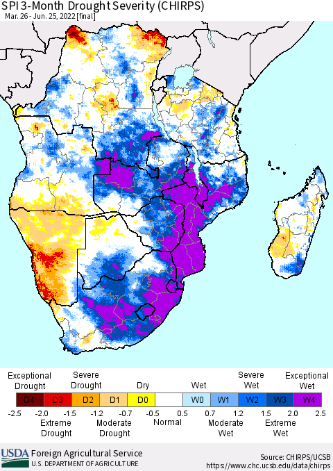 Southern Africa SPI 3-Month Drought Severity (CHIRPS) Thematic Map For 3/26/2022 - 6/25/2022