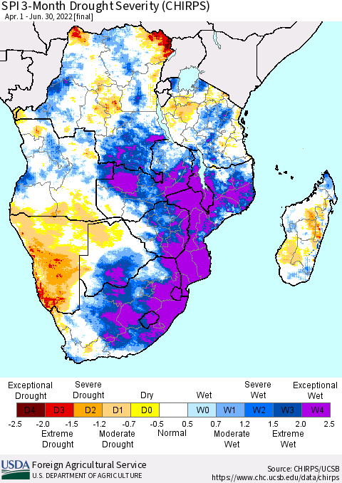 Southern Africa SPI 3-Month Drought Severity (CHIRPS) Thematic Map For 4/1/2022 - 6/30/2022
