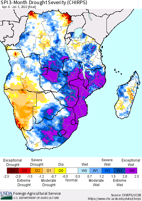 Southern Africa SPI 3-Month Drought Severity (CHIRPS) Thematic Map For 4/6/2022 - 7/5/2022