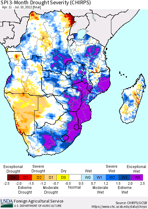 Southern Africa SPI 3-Month Drought Severity (CHIRPS) Thematic Map For 4/11/2022 - 7/10/2022