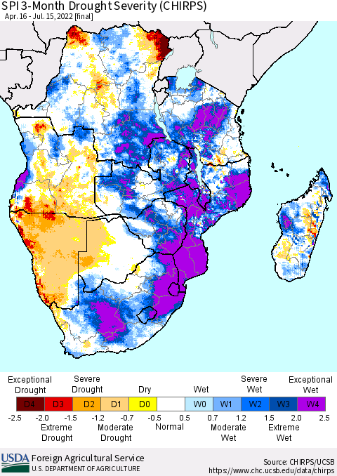 Southern Africa SPI 3-Month Drought Severity (CHIRPS) Thematic Map For 4/16/2022 - 7/15/2022
