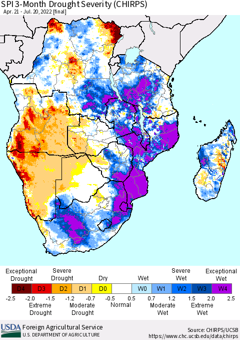 Southern Africa SPI 3-Month Drought Severity (CHIRPS) Thematic Map For 4/21/2022 - 7/20/2022