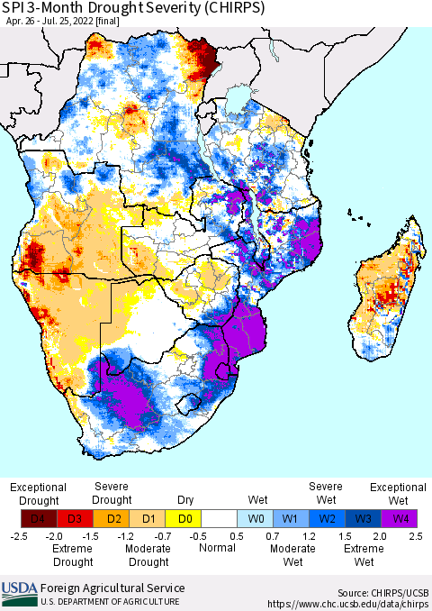 Southern Africa SPI 3-Month Drought Severity (CHIRPS) Thematic Map For 4/26/2022 - 7/25/2022
