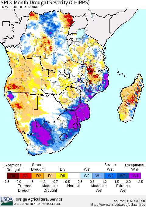 Southern Africa SPI 3-Month Drought Severity (CHIRPS) Thematic Map For 5/1/2022 - 7/31/2022