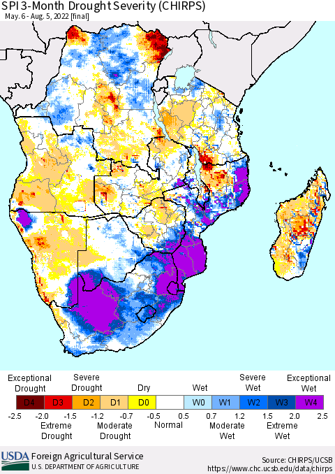 Southern Africa SPI 3-Month Drought Severity (CHIRPS) Thematic Map For 5/6/2022 - 8/5/2022