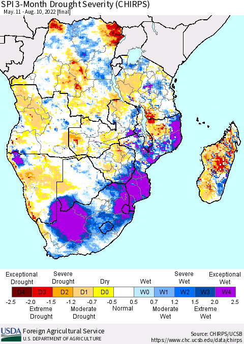 Southern Africa SPI 3-Month Drought Severity (CHIRPS) Thematic Map For 5/11/2022 - 8/10/2022