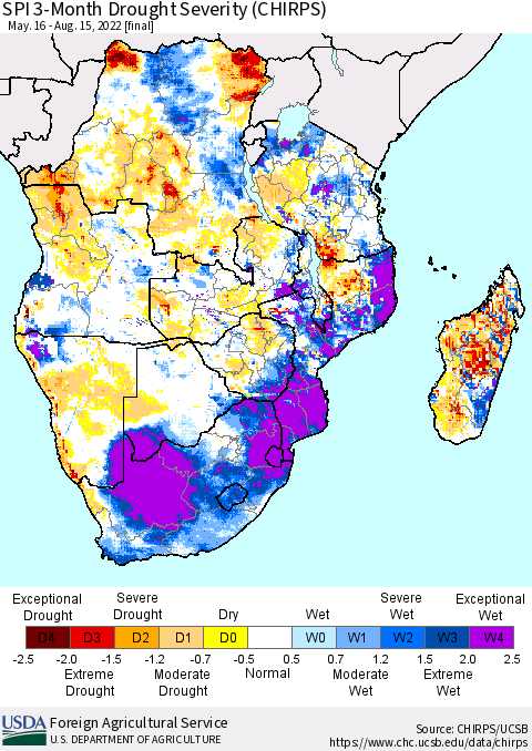 Southern Africa SPI 3-Month Drought Severity (CHIRPS) Thematic Map For 5/16/2022 - 8/15/2022