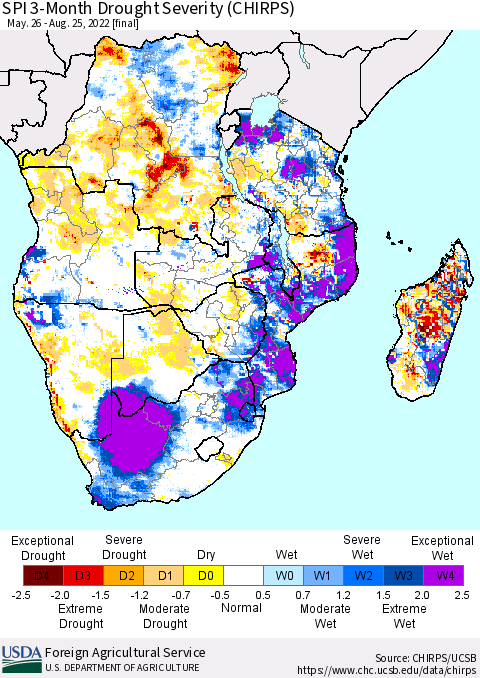 Southern Africa SPI 3-Month Drought Severity (CHIRPS) Thematic Map For 5/26/2022 - 8/25/2022