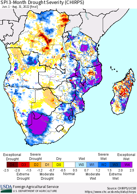 Southern Africa SPI 3-Month Drought Severity (CHIRPS) Thematic Map For 6/1/2022 - 8/31/2022