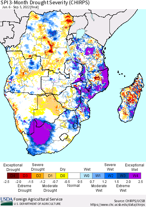 Southern Africa SPI 3-Month Drought Severity (CHIRPS) Thematic Map For 6/6/2022 - 9/5/2022