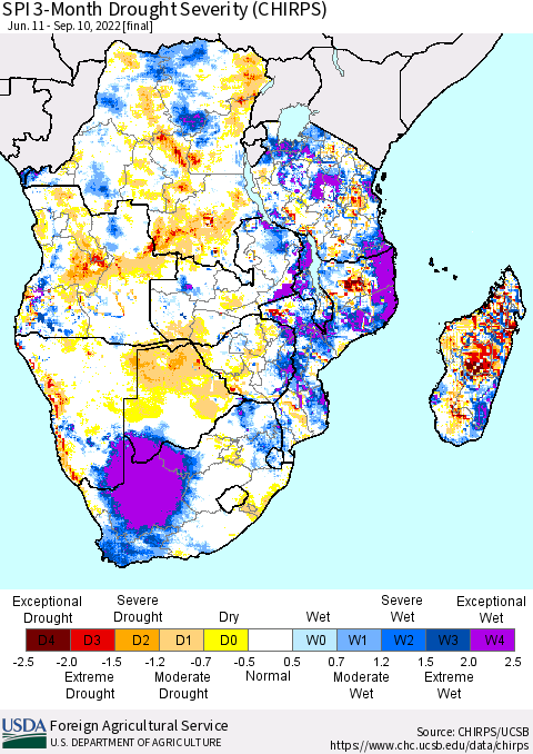 Southern Africa SPI 3-Month Drought Severity (CHIRPS) Thematic Map For 6/11/2022 - 9/10/2022