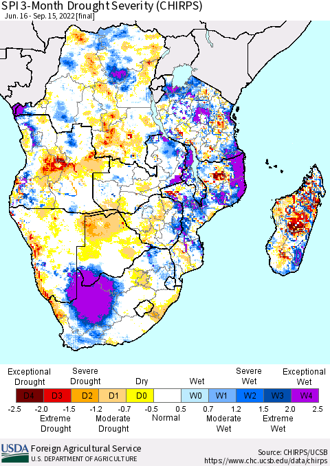 Southern Africa SPI 3-Month Drought Severity (CHIRPS) Thematic Map For 6/16/2022 - 9/15/2022