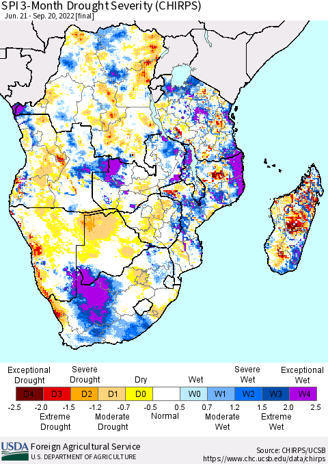 Southern Africa SPI 3-Month Drought Severity (CHIRPS) Thematic Map For 6/21/2022 - 9/20/2022