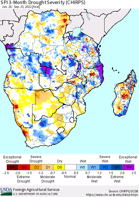 Southern Africa SPI 3-Month Drought Severity (CHIRPS) Thematic Map For 6/26/2022 - 9/25/2022
