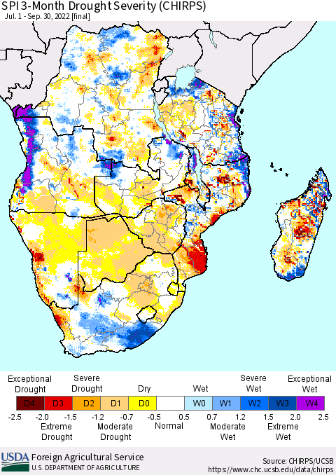 Southern Africa SPI 3-Month Drought Severity (CHIRPS) Thematic Map For 7/1/2022 - 9/30/2022