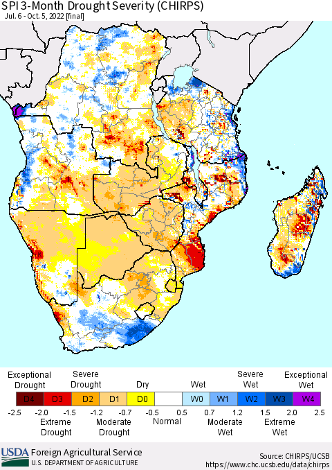 Southern Africa SPI 3-Month Drought Severity (CHIRPS) Thematic Map For 7/6/2022 - 10/5/2022