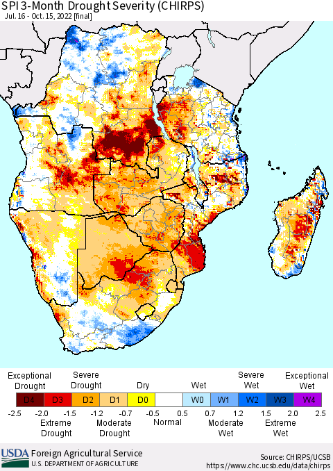 Southern Africa SPI 3-Month Drought Severity (CHIRPS) Thematic Map For 7/16/2022 - 10/15/2022
