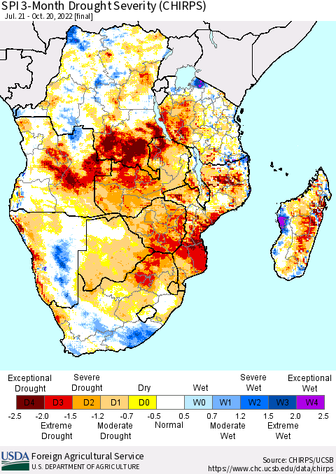 Southern Africa SPI 3-Month Drought Severity (CHIRPS) Thematic Map For 7/21/2022 - 10/20/2022
