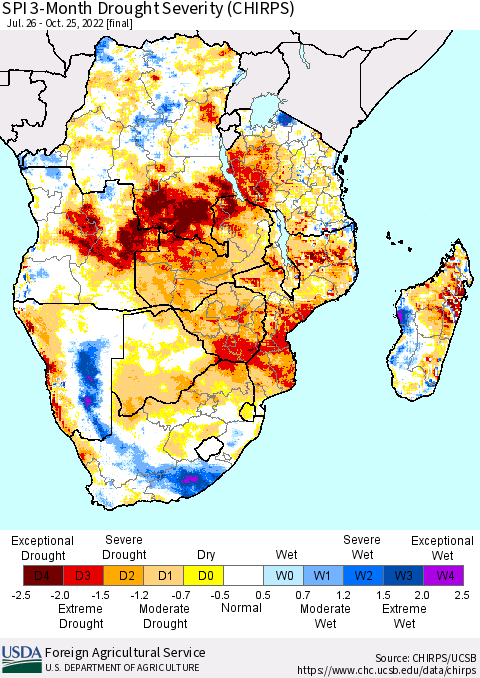 Southern Africa SPI 3-Month Drought Severity (CHIRPS) Thematic Map For 7/26/2022 - 10/25/2022