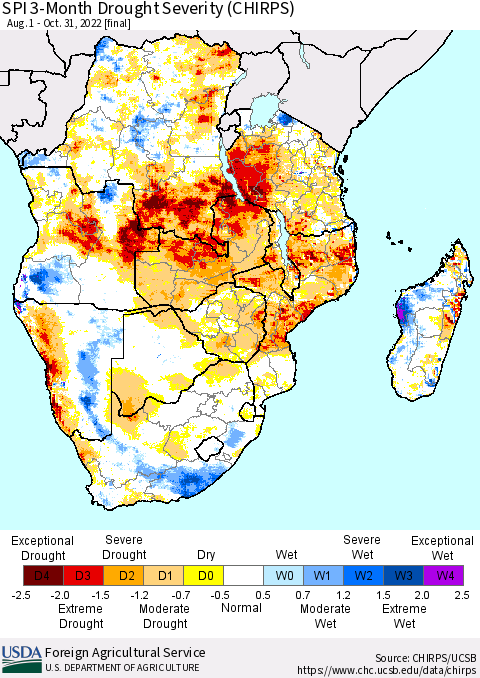 Southern Africa SPI 3-Month Drought Severity (CHIRPS) Thematic Map For 8/1/2022 - 10/31/2022