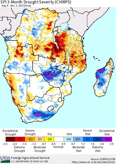 Southern Africa SPI 3-Month Drought Severity (CHIRPS) Thematic Map For 8/6/2022 - 11/5/2022