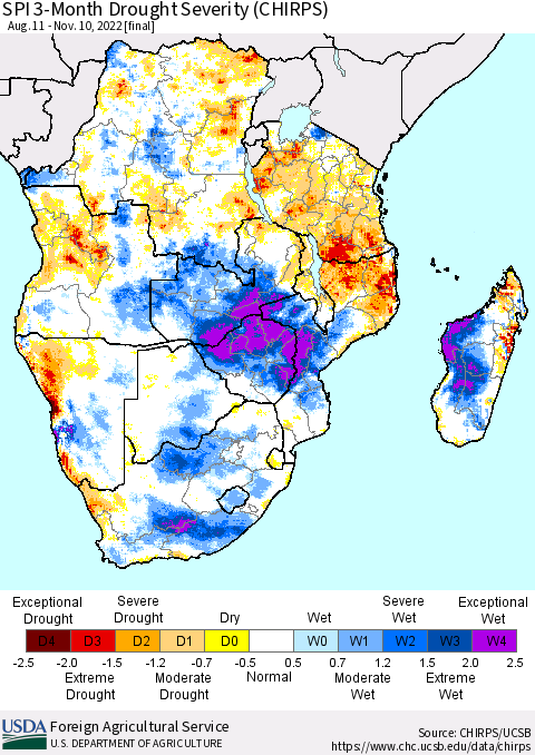 Southern Africa SPI 3-Month Drought Severity (CHIRPS) Thematic Map For 8/11/2022 - 11/10/2022