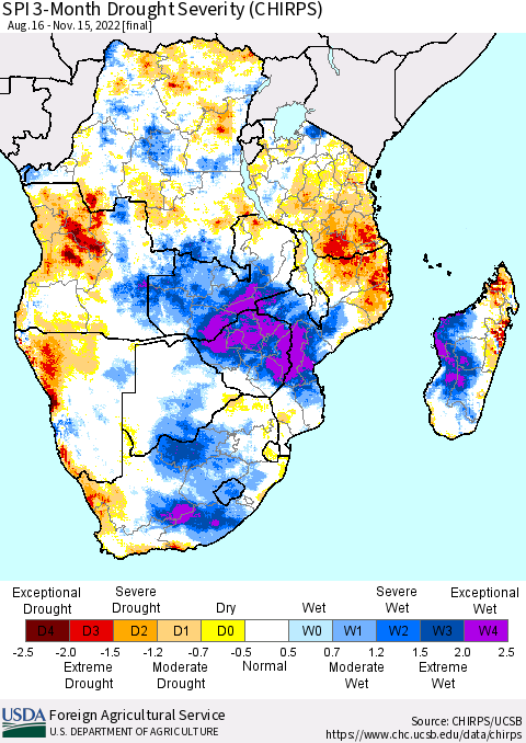 Southern Africa SPI 3-Month Drought Severity (CHIRPS) Thematic Map For 8/16/2022 - 11/15/2022