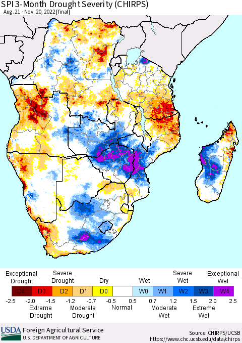 Southern Africa SPI 3-Month Drought Severity (CHIRPS) Thematic Map For 8/21/2022 - 11/20/2022