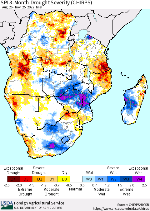 Southern Africa SPI 3-Month Drought Severity (CHIRPS) Thematic Map For 8/26/2022 - 11/25/2022