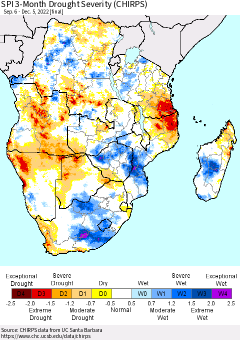 Southern Africa SPI 3-Month Drought Severity (CHIRPS) Thematic Map For 9/6/2022 - 12/5/2022