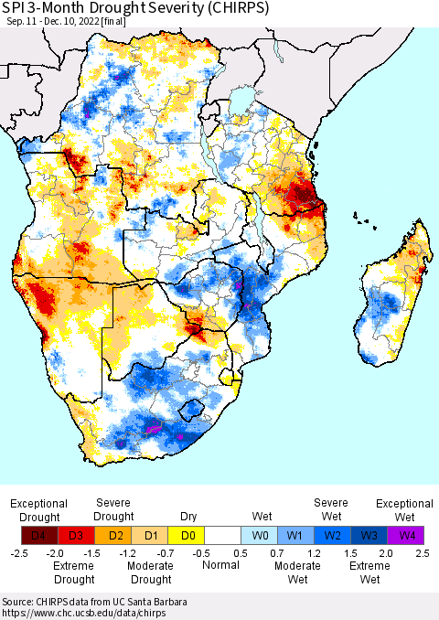 Southern Africa SPI 3-Month Drought Severity (CHIRPS) Thematic Map For 9/11/2022 - 12/10/2022