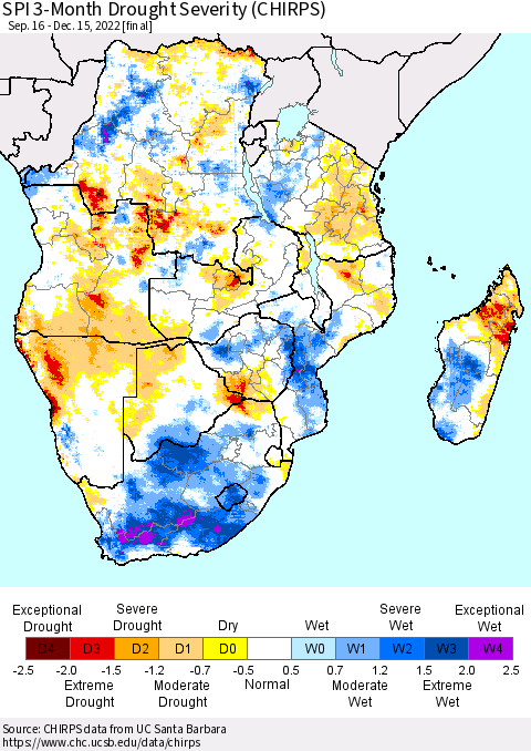 Southern Africa SPI 3-Month Drought Severity (CHIRPS) Thematic Map For 9/16/2022 - 12/15/2022