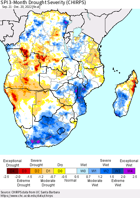 Southern Africa SPI 3-Month Drought Severity (CHIRPS) Thematic Map For 9/21/2022 - 12/20/2022