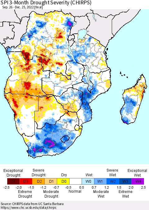 Southern Africa SPI 3-Month Drought Severity (CHIRPS) Thematic Map For 9/26/2022 - 12/25/2022