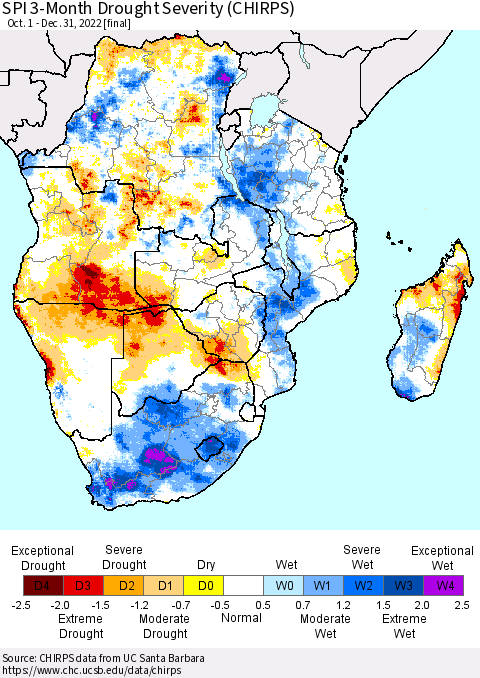 Southern Africa SPI 3-Month Drought Severity (CHIRPS) Thematic Map For 10/1/2022 - 12/31/2022