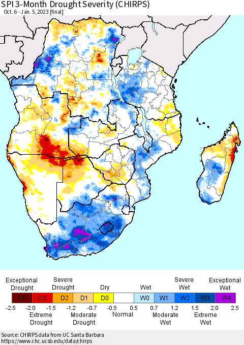 Southern Africa SPI 3-Month Drought Severity (CHIRPS) Thematic Map For 10/6/2022 - 1/5/2023