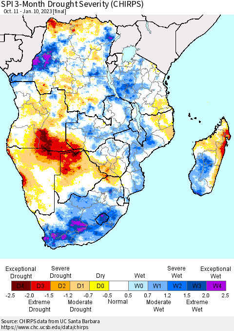 Southern Africa SPI 3-Month Drought Severity (CHIRPS) Thematic Map For 10/11/2022 - 1/10/2023