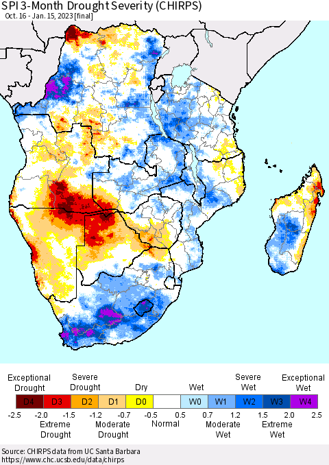 Southern Africa SPI 3-Month Drought Severity (CHIRPS) Thematic Map For 10/16/2022 - 1/15/2023