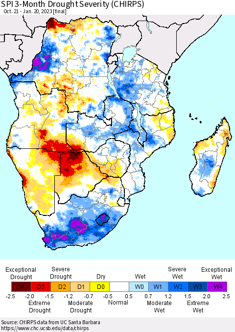 Southern Africa SPI 3-Month Drought Severity (CHIRPS) Thematic Map For 10/21/2022 - 1/20/2023