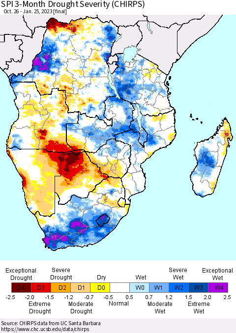 Southern Africa SPI 3-Month Drought Severity (CHIRPS) Thematic Map For 10/26/2022 - 1/25/2023