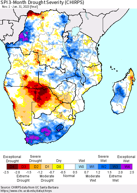 Southern Africa SPI 3-Month Drought Severity (CHIRPS) Thematic Map For 11/1/2022 - 1/31/2023