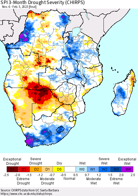 Southern Africa SPI 3-Month Drought Severity (CHIRPS) Thematic Map For 11/6/2022 - 2/5/2023