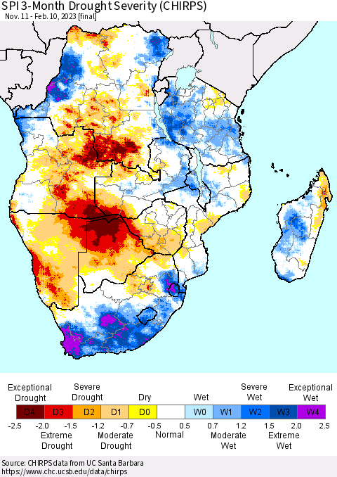 Southern Africa SPI 3-Month Drought Severity (CHIRPS) Thematic Map For 11/11/2022 - 2/10/2023
